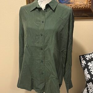 Zara Classic Silk Button Down Long button sleeve gray green sheen perfect Shirt